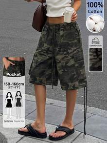 Sinnesro WOMEN Cargo Utility Long Shorts Military Combat Style Drawstring Elastic Waist Summer Spring Casual Pockets Bermuda Length Outdoor Hiking Walking ,Petite Women - Army Green - View 9