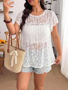 Enliva Plus Size Women White Lace Sheer Top Short Sleeve Loose Babydoll Blouse Boho Elegant Summer Casual Beach Evening Birthday Cocktail Shirt - White - View 4
