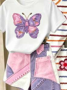 Conjunto básico de camiseta corta y pantalones cortos para niñas con estampado de rayas, lazos y patchwork en rosa y morado - Multicolor - Ver 5