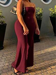 INAWLY Plus Size Summer Fashion Solid Color Strapless Jumpsuit - Burgundy - View 6