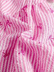 SHEIN 2pcs/Set Baby Girls' Pink And White Striped Bow Print Pink Dress With Beret Hat Cute Summer Classic Plaid Design Birthday Outfit For Outings - Pink - View 10