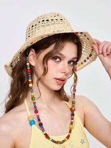ROMWE Fairycore 1pc Fashionable Breathable Colorful Wooden Bead Hollow Wide Brim Sun Hat, Foldable Bucket Hat For Women,Summer,Beach - A - View 3