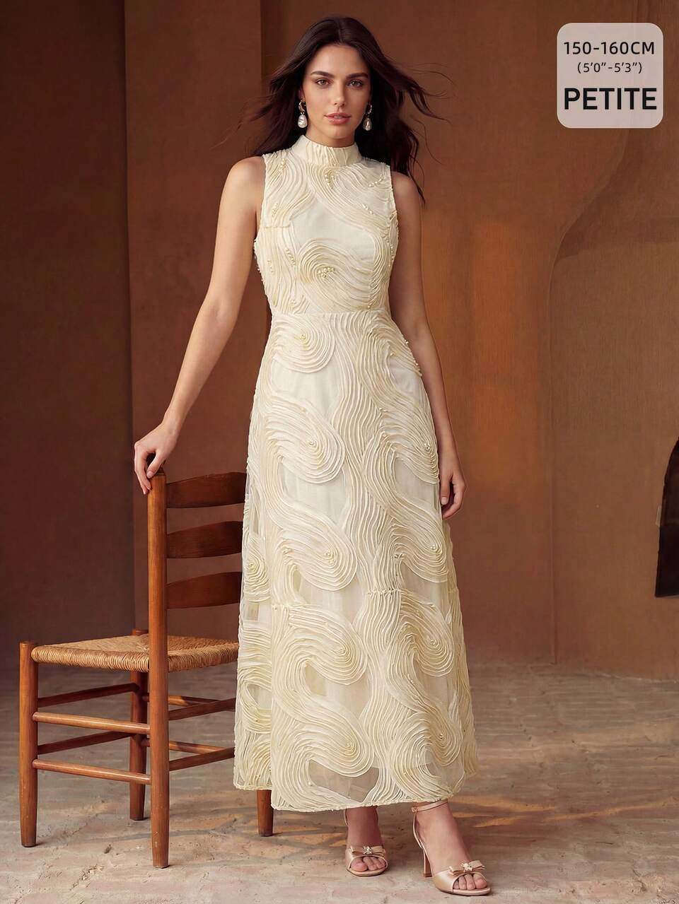 Anewsta Women's Spring/Summer Elegant Fashion Mesh Embroidered Apricot Sleeveless Dress, Elegant Dress, Holiday Dress, Spring/Summer Dress
