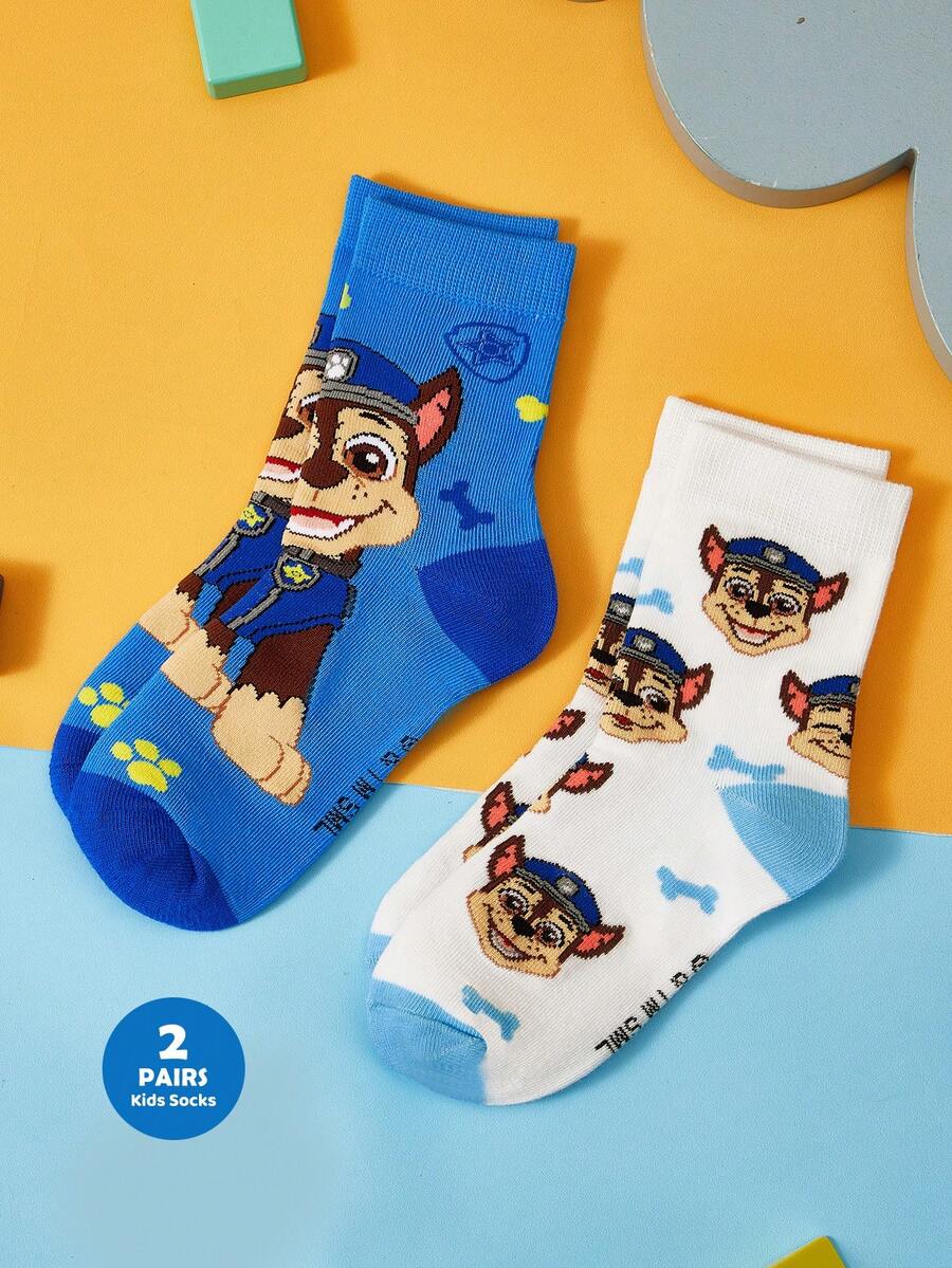 SHEIN | PAW Patrol 2雙兒童棉質軟綿透氣吸濕管襪,可愛卡通圖案,加強腳趾與腳跟,耐穿,男孩適用,適合學校、戶外、夏冬兩季 - 混色 - 查看 1