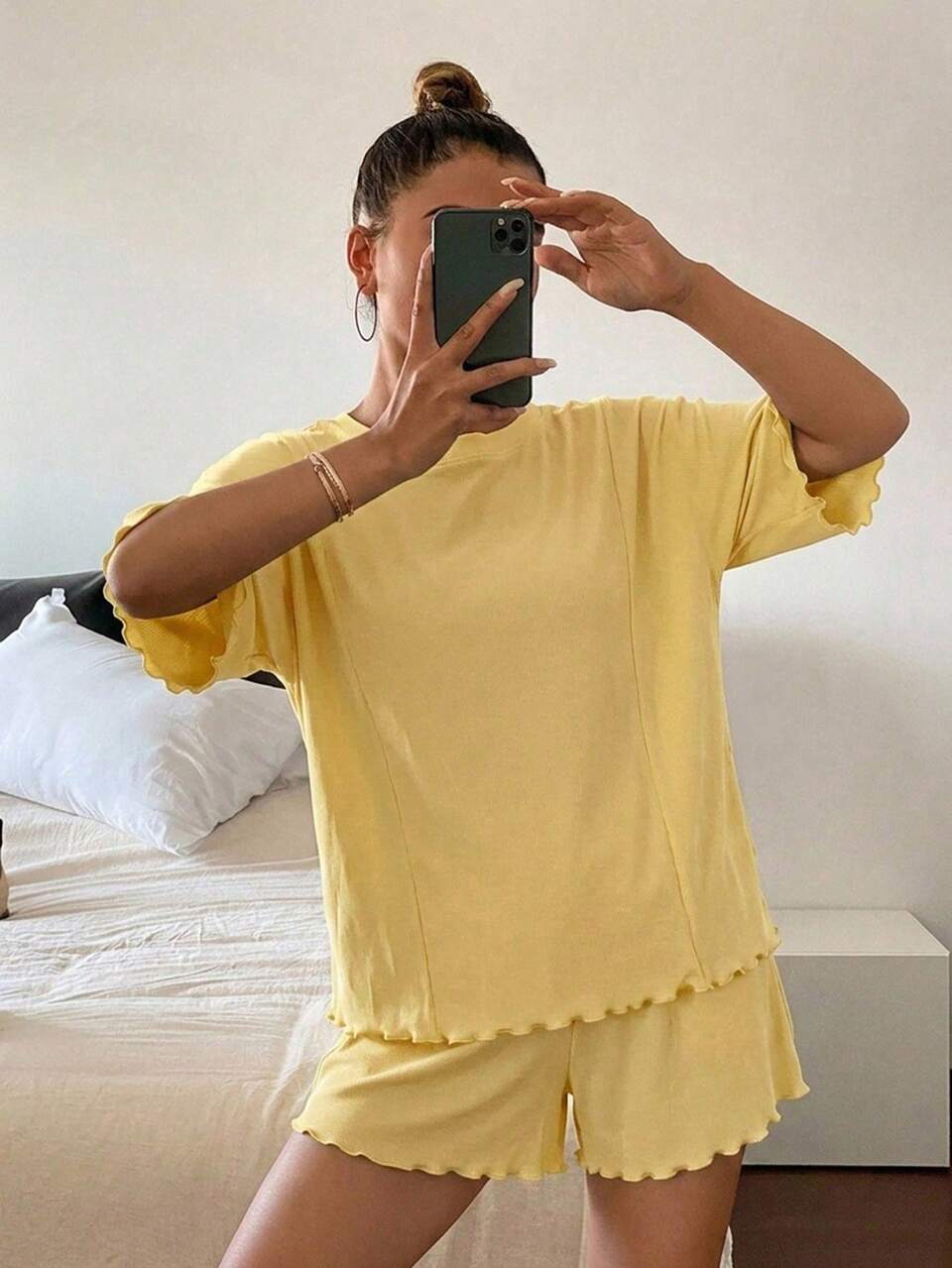 Solid Color Loose Short Sleeve T-Shirt & Short Pajama Pants 2pcs Set Summer Outfit Women's Loungewear