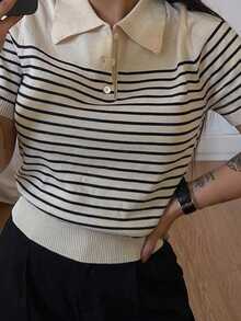 Dazy Plus Colorblock Patchwork Casual Striped Polo Collar Short Sleeve Knit Sweater Top Early Autumn New Style - Apricot - View 2