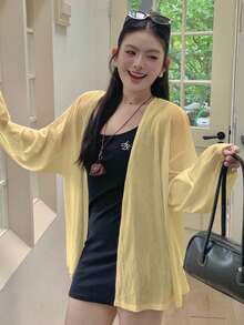 Dazy Plus 純色寬鬆長袖白色罩衫 大尺碼女款 春夏秋薄款外套 - 鵝黃色 - 查看 2