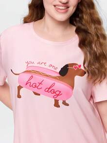 Bonmuse Plus Size 3-Piece Pajama Set For Women, Cool Short Sleeve Top, Shorts And Long Pants, Round Neck Pullover, Comfortable Loose Fit, Cute Dachshund Dog Graphic Print, Suitable For Home, Vacation, Holiday, Party, Beach, And Casual Wear, All Seasons - Pink - View 4