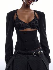 LYSMO Women's Solid Color Double-Breasted Low-Cut Thin Blazer Going Out Tops For Women - Black - View 3
