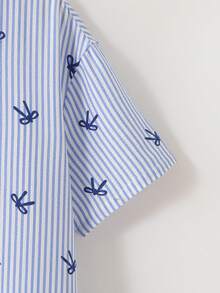 SHEIN 青少年女孩 Polo 領藍白條紋櫻桃印花短袖中長洋裝，返校季 - 藍色 - 查看 5