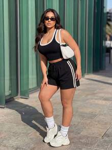 Slayform Women's Plus Size Striped Colorblock Drawstring Waist Sports Shorts - Black - View 4