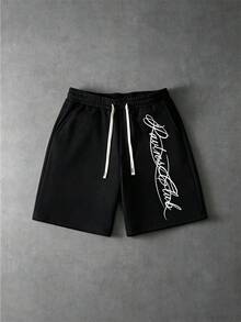 PAVTROS Celana Jogging Terusan Kasual Pria Gaya Jalanan, Celana Jogging Pendek, Pinggang Elastis dengan Tali Serut, Gaya Jalanan, Nyaman dan Hangat, Slogan Sederhana - Hitam - View 2