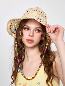 ROMWE Fairycore 1pc Fashionable Breathable Colorful Wooden Bead Hollow Wide Brim Sun Hat, Foldable Bucket Hat For Women,Summer,Beach - A - View 2