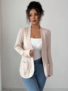 SHEIN PETITE 女款休閒羅紋刷毛開襟側口袋短版輕便外套，秋冬女裝，適合嬌小女性 - 杏色 - 查看 3