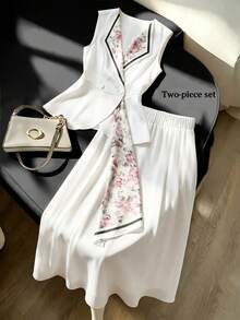 Modelyn Spring/Summer Commuter Day Party Elegant Elegant Floral Print Bow Tie Waist-Defining Slimming Blazer Sleeveless Set Pink Floral White - White - View 8