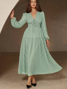 Revavyn Vintage Romantic Polka Dot V-Neck Slimming Elegant Tie-Front Fitted Long Sleeve Chiffon Dress Brunch Sage Green Autumn - Mint Green - View 5
