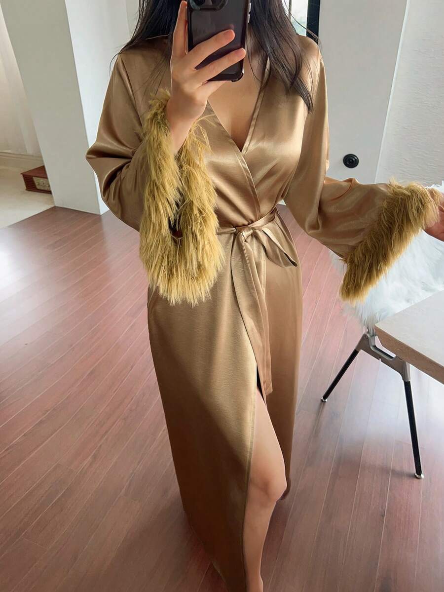 Livesso 女款毛絨拼接性感休閒家居睡袍 秋季 - 卡其色 - 查看 1
