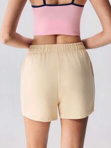 Loungeista Women's Khaki Summer Casual Shorts With Heart Letter Print, Drawstring Waist And Side Pockets - Apricot - View 3