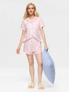 Bonmuse Polka Dot Bow Print Women Bubble Crinkle Short Sleeve Shorts Pajama Set - Pink - View 9