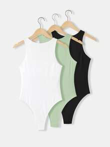 SHEIN BASICS 3件組休閒極簡基本款純色圓領無袖修身女款連身衣 夏季服裝 日常辦公穿搭 白色、淺灰色、黑色 - 綠色 - 查看 3