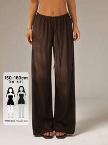 SHEIN PETITE Women's Solid Color Tie Waist Wide Leg Loose Casual Versatile Pants Brown For Women Beach S Summer ,Petite Women - Brown - View 1