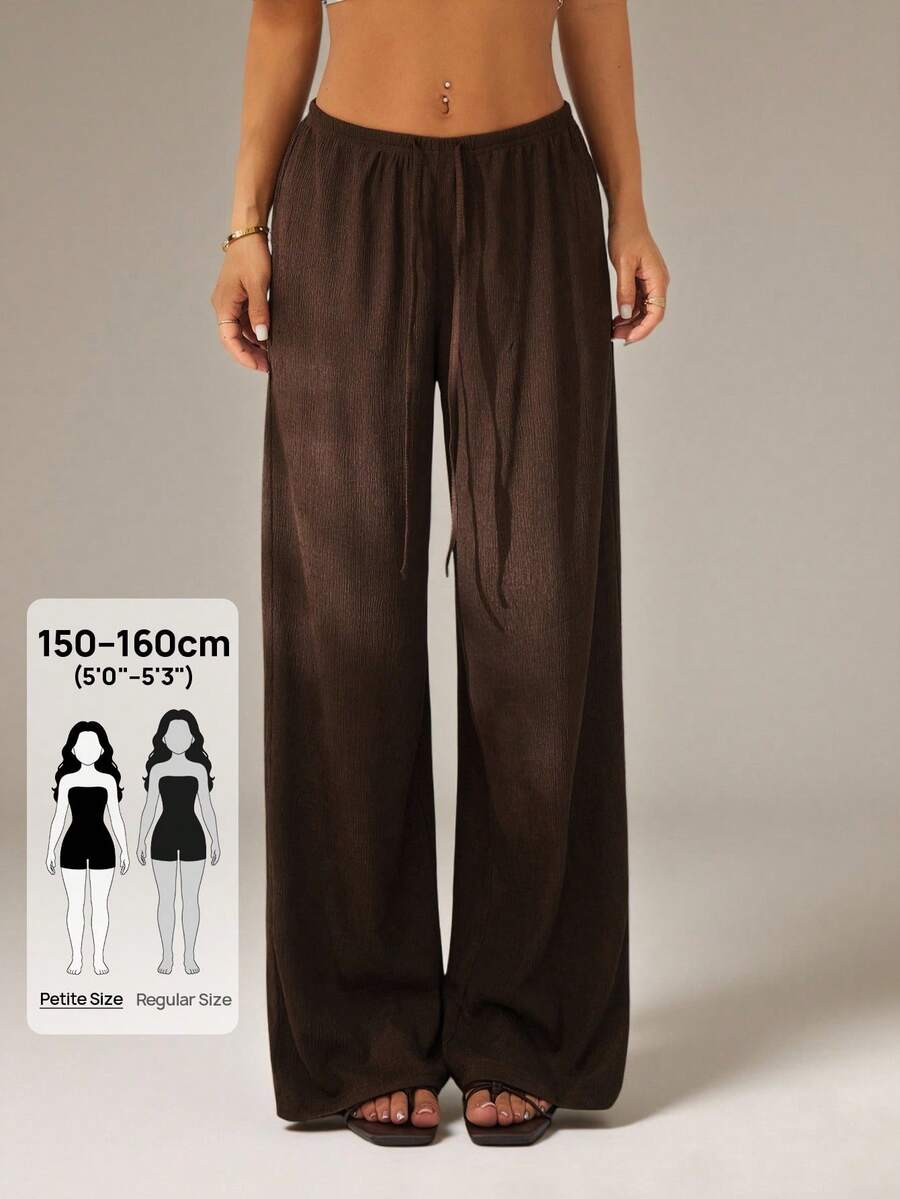 SHEIN PETITE Women's Solid Color Tie Waist Wide Leg Loose Casual Versatile Pants Brown For Women Beach S Summer ,Petite Women - Brown - View 1