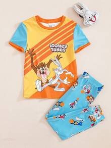 LOONEY TUNES X SHEIN 小男孩卡通圖案條紋印花圓領短袖上衣與長褲居家服套裝 - 黃色 - 查看 1