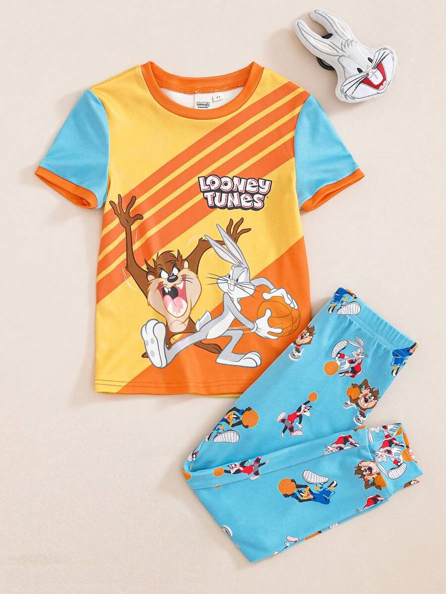 LOONEY TUNES X SHEIN 小男孩卡通圖案條紋印花圓領短袖上衣與長褲居家服套裝 - 黃色 - 查看 1