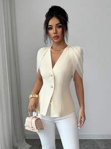 SHEIN Elenzya 女士优雅浪漫修身西装外套，V领设计，褶裥收腰 - 杏色 - 查看 3