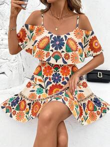 SHEIN Clasi 女士优雅棕色豹纹露肩荷叶边V领A字短裙 - 彩色 - 查看 3