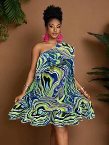 Maweii Vestido línea A con hombro asimétrico, volantes y estampado de rayas para mujer talla grande - Multicolor - Ver 5