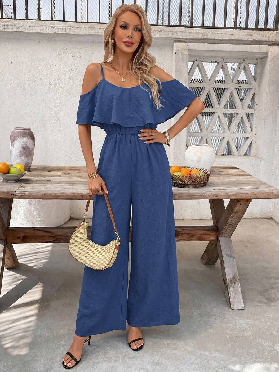 SHEIN Clasi 女款春夏優雅浪漫度假風細肩帶連身褲 - 藍色 - 查看 1