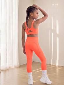 SHEIN Sports And Outdoor Young Girls' Set With Crossback Shoulder Straps, High Elasticity For Figure Enhancement, Free Stretching, Breathable And Sweat-Absorbing For Riding, Running, Indoor Dancing And Comprehensive Training - Burnt Orange - View 6