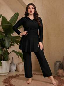 Swim Mulvari 2026 Spring/Summer Hot-Selling New Solid Color Middle Eastern Style 2-Piece Swimsuit Set With Detachable Chest Pads, Sun Protection Long Sleeve, Unique Front Shoulder Ruched Design, Flattering Slimming Side Ruched Swim Skirt, Wide Leg Long Pants, Casual Fashion Vacation Beach Swimwear - Black - View 5