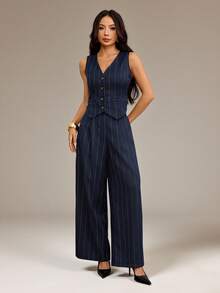 SHEIN PETITE Summer Fashion Commute Casual Striped Vest Pants 2 Pieces Set Business Work Navy Blue - Multicolor - View 3