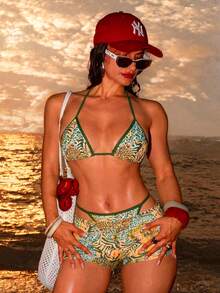 Swim SXY Conjunto de 3 piezas de bikini sexy con estampado de bloques de color y diseño tropical, con copa triangular y braguita hipster, para playa y fiesta, verde, verano, para mujer - Verde - Ver 3