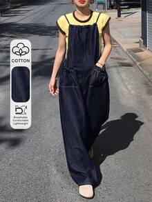 FRIFUL 女款休閒百搭日常牛仔吊帶連身褲 - 藍色 - 查看 9