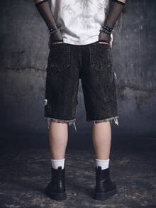 Vyqestra Men's Loose Fit Casual Straight Leg Denim Shorts With Pockets Punk Y2K Acid Washed Grey For Slim-Fit Party Gothic Men Shorts - Dark Grey - View 2