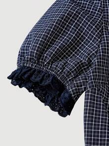 SHEIN MOD Blus Crop Lengan Puff dengan Hiasan Renda, Atasan Lengan Pendek - Navy Blue - View 5