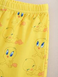 LOONEY TUNES X SHEIN Baby Girl Cartoon Print Round Neck Short Sleeve T-Shirt And Shorts Set - Yellow - View 5