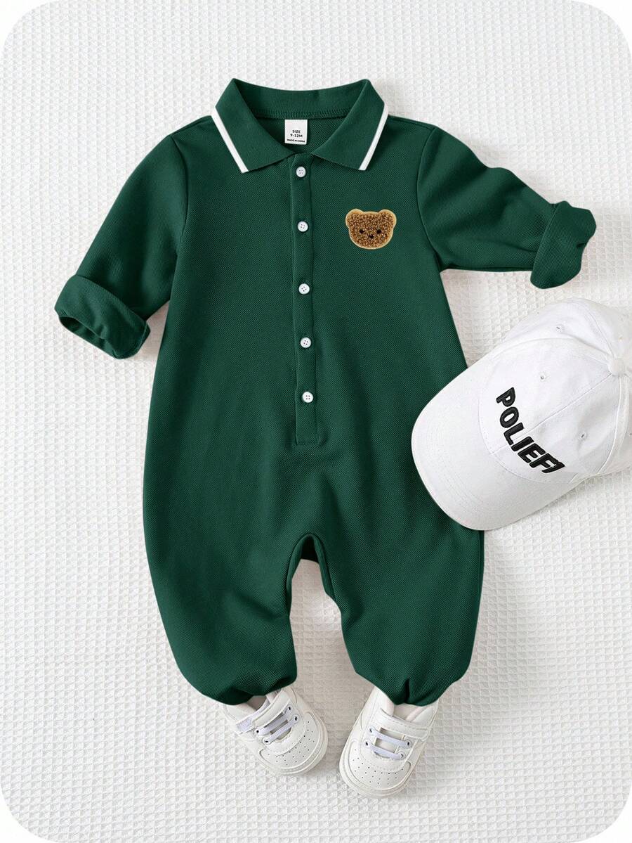 SHEIN 新生兒男嬰/女嬰秋冬款可愛卡通圖案 Polo 領長袖連身衣 - 綠色 - 查看 1