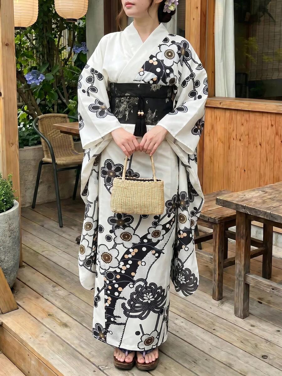 Irokai 女款花卉印花傳統腰帶寬袖和服腰帶白色日式裹身浴衣婚禮度假假期埃及派對賓客杜拜夏季 - 彩色 - 查看 1