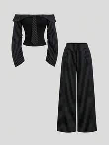 Sweetra Women's Sweetro Elegant Casual Commute Night Out Business Office Off-Shoulder Pants Suit Set Black And White Striped Summer - Black - View 1