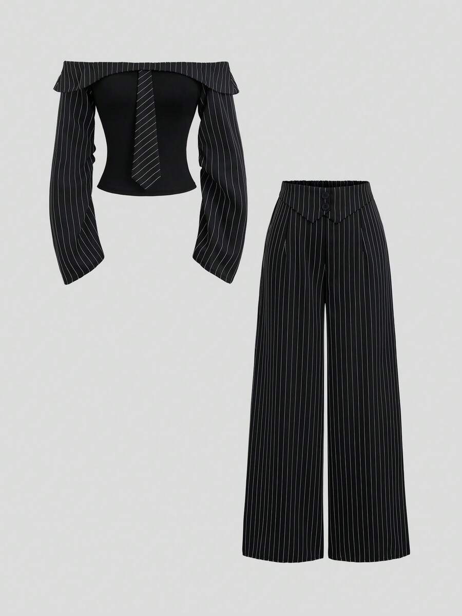 Sweetra Women's Sweetro Elegant Casual Commute Night Out Business Office Off-Shoulder Pants Suit Set Black And White Striped Summer - Black - View 1