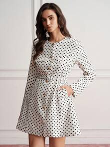 BELROSIE Casual Vintage Elegant Classic Belted Textured Herringbone Long Sleeve Dress Work Date White And Black Polka Dot Autumn - Multicolor - View 4