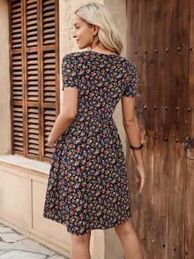 Rusticease Ladies' Summer Round Neck Floral Print A-Line Short Elegant Dress,Boho Clothes Women - Black - View 2