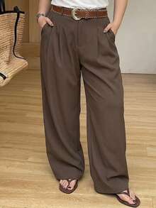 Dazy Plus Plus Size Women's Business Casual Solid Color Straight Leg Pants, Versatile Brown Autumn New Arrival Long Pants, All Season - Brown - View 1