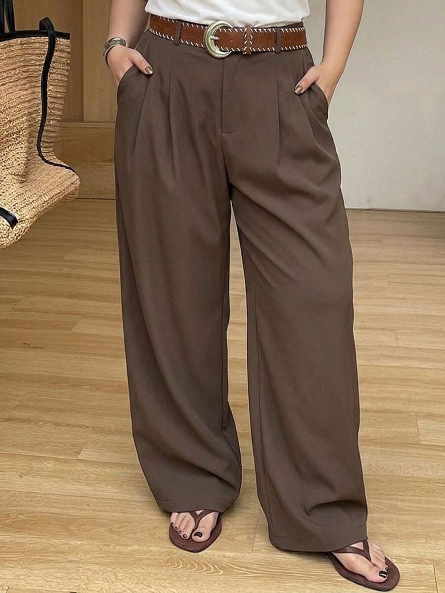 Dazy Plus Plus Size Women's Business Casual Solid Color Straight Leg Pants, Versatile Brown Autumn New Arrival Long Pants, All Season - Brown - View 1