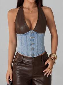 SHEIN Tall Women's Color Block Halter Neck Denim Corset Top - Light Wash - View 8