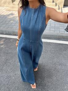 SHEIN PETITE 女款時尚無袖牛仔連身褲，露背與打結設計 - 藍色 - 查看 8